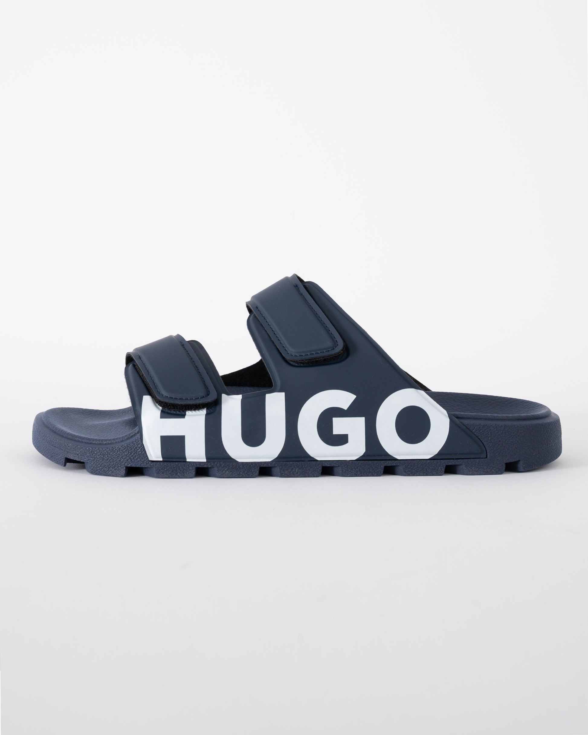side shot of HUGO Evander Mens Logo Sandals with Double Touch-Closure Straps in Dark Blue