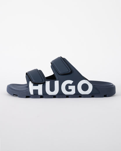 side shot of HUGO Evander Mens Logo Sandals with Double Touch-Closure Straps in Dark Blue