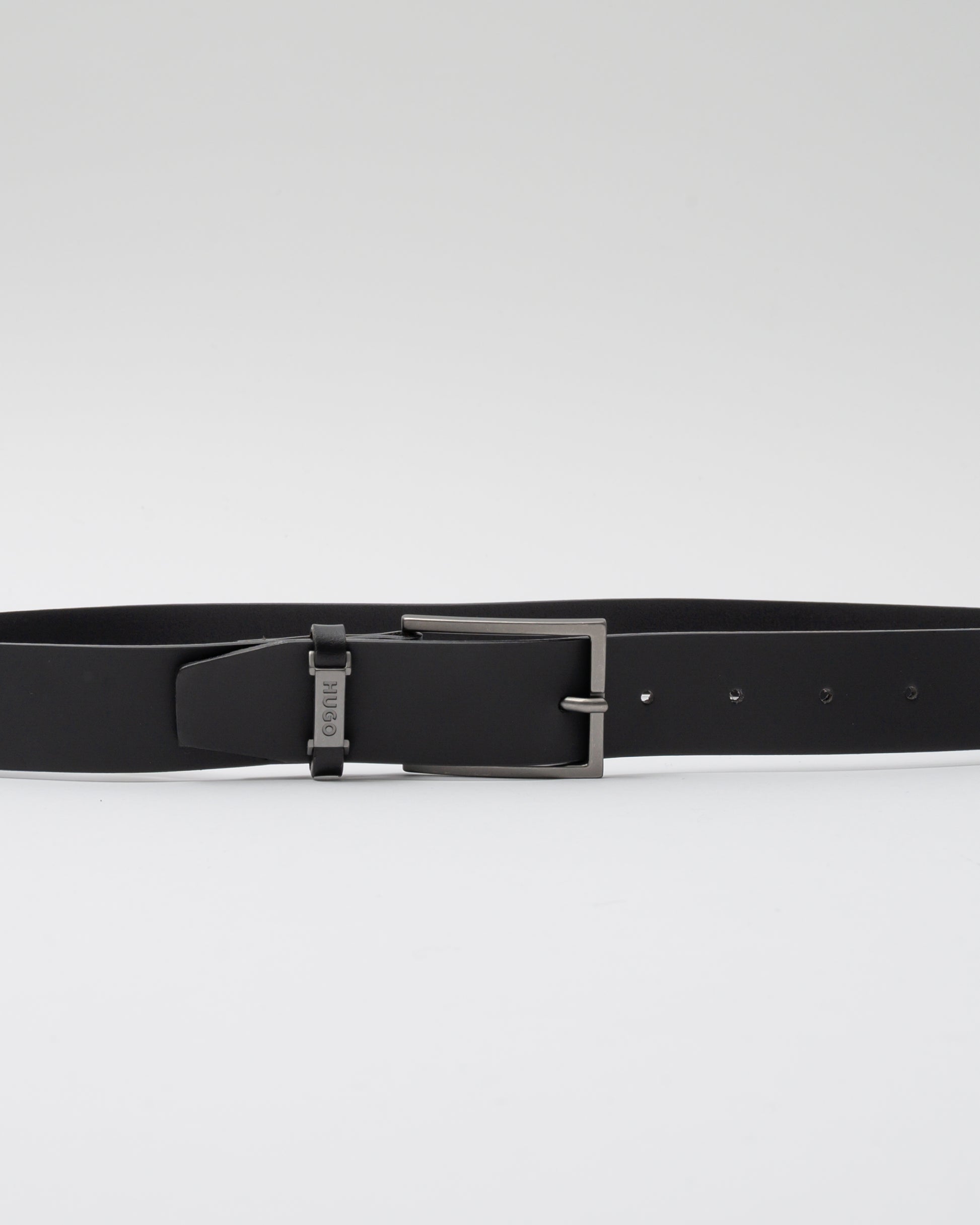 HUGO Gabriel Mens Buffalo-Leather Belt with Logo Keeper and Polished Hardware - Black 002 - CHO - Designer Mens Belts