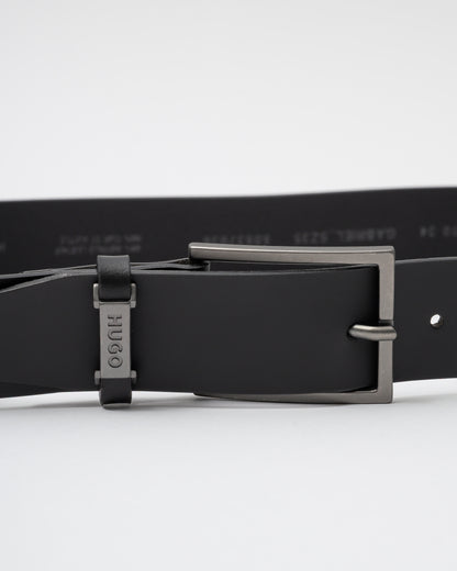 HUGO Gabriel Mens Buffalo-Leather Belt with Logo Keeper and Polished Hardware - Black 002 - CHO - Designer Mens Belts