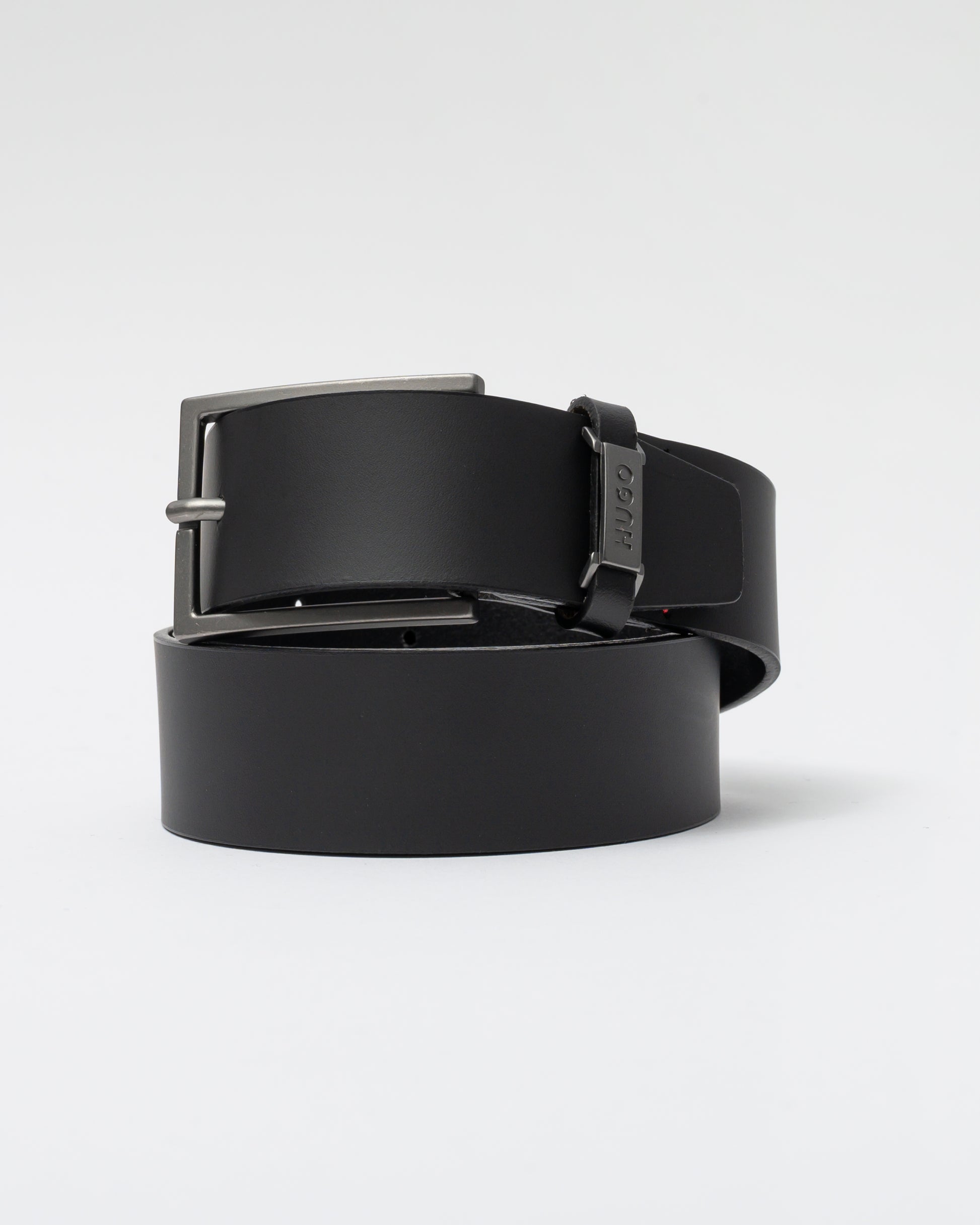 HUGO Gabriel Mens Buffalo-Leather Belt with Logo Keeper and Polished Hardware - Black 002 - CHO - Designer Mens Belts