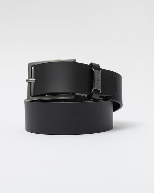 HUGO Gabriel Mens Buffalo-Leather Belt with Logo Keeper and Polished Hardware - Black 002 - CHO - Designer Mens Belts