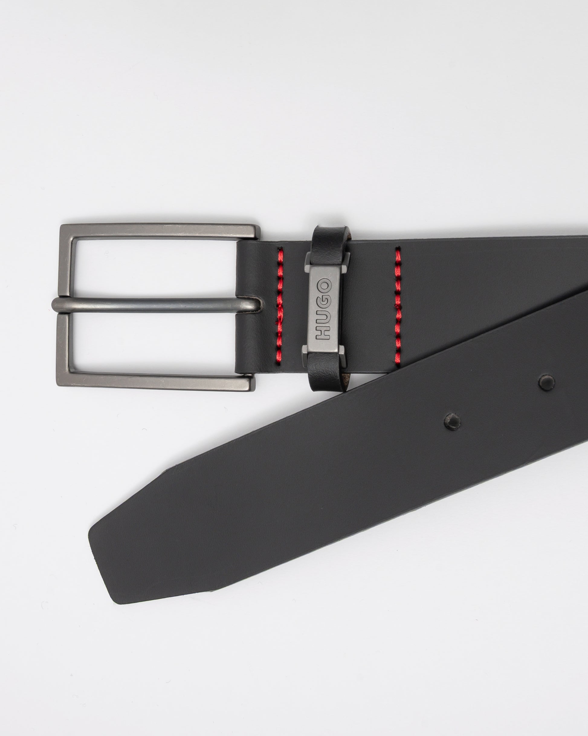 HUGO Gabriel Mens Buffalo-Leather Belt with Logo Keeper and Polished Hardware - Black 002 - CHO - Designer Mens Belts