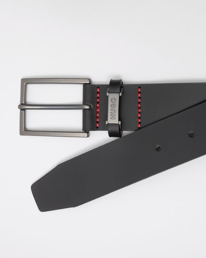 HUGO Gabriel Mens Buffalo-Leather Belt with Logo Keeper and Polished Hardware - Black 002 - CHO - Designer Mens Belts