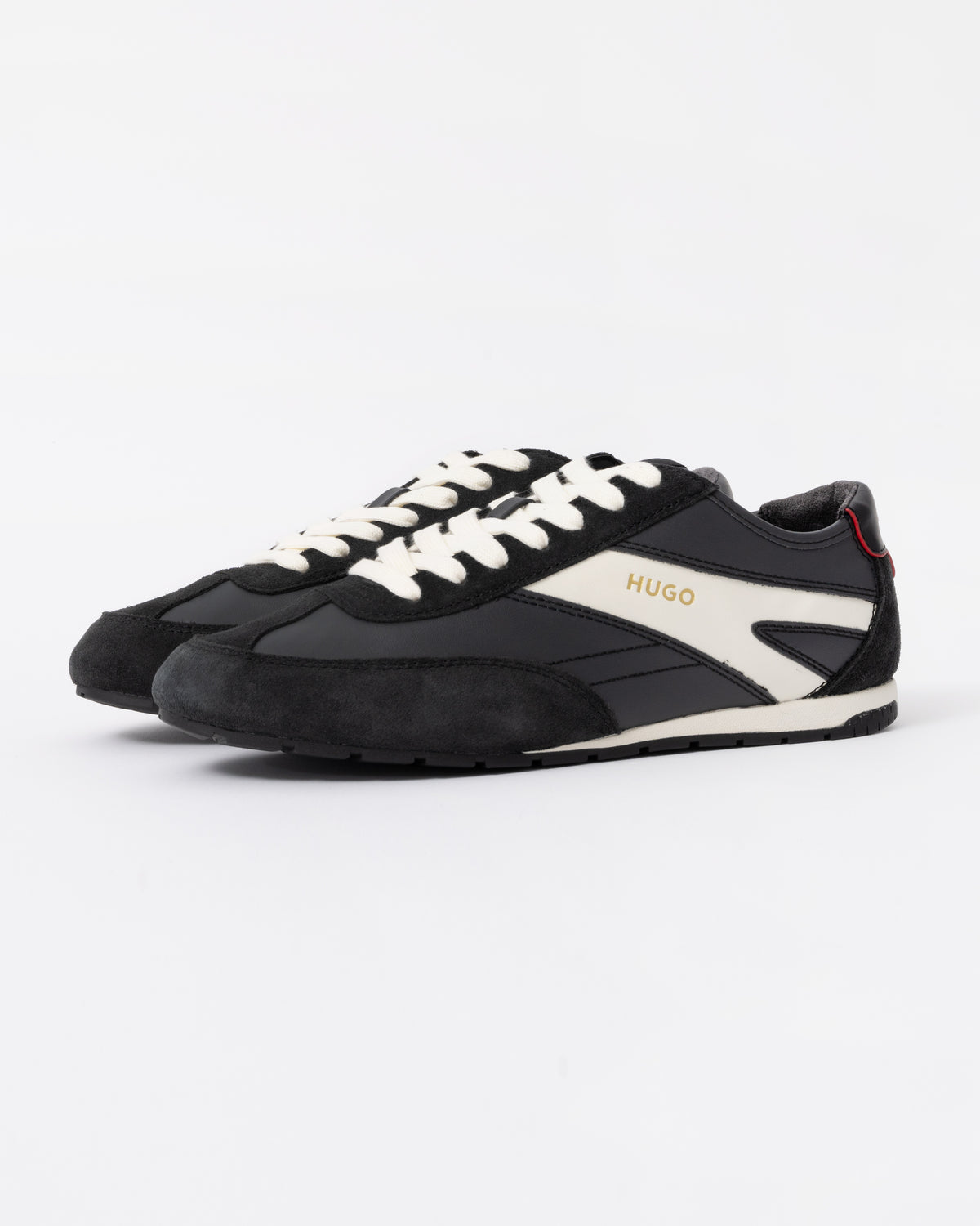 Front of the HUGO Lytton Mens Suede-Panelled Trainers with a Retro Silhouette - Black 001