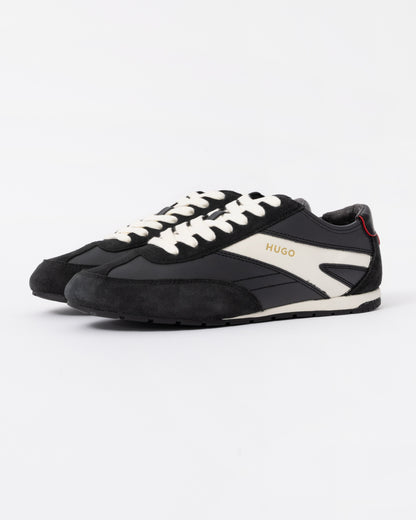 Front of the HUGO Lytton Mens Suede-Panelled Trainers with a Retro Silhouette - Black 001