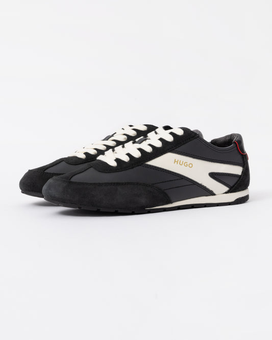 Front of the HUGO Lytton Mens Suede-Panelled Trainers with a Retro Silhouette - Black 001