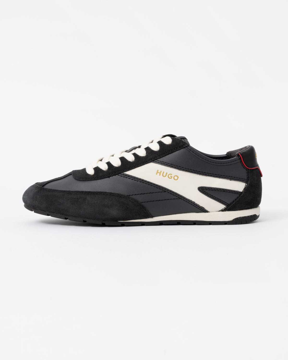 Left Side of the HUGO Lytton Mens Suede-Panelled Trainers with a Retro Silhouette - Black 001