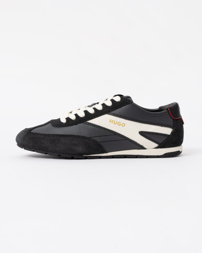 Left Side of the HUGO Lytton Mens Suede-Panelled Trainers with a Retro Silhouette - Black 001