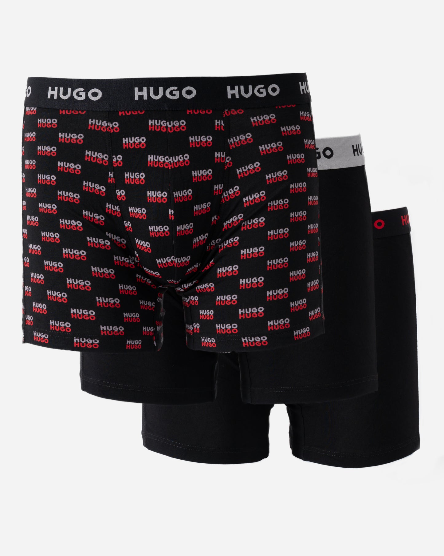 studio shot of HUGO Mens Three-Pack of Boxer Briefs in Stretch Cotton in Open Miscellaneous 998 colours