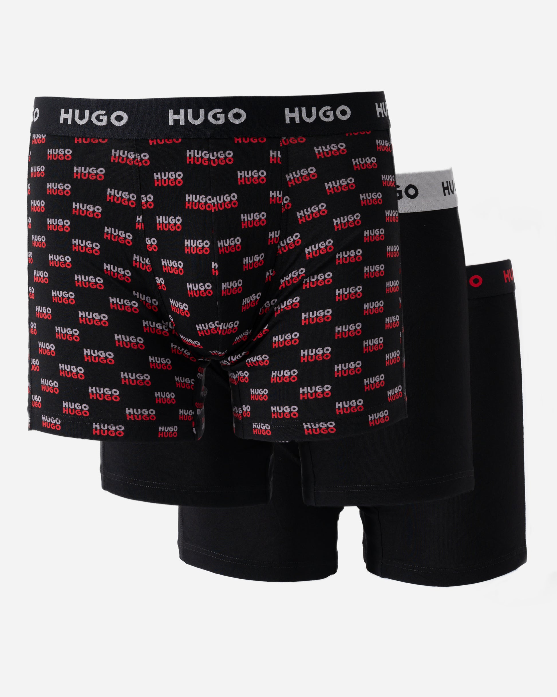 studio shot of HUGO Mens Three-Pack of Boxer Briefs in Stretch Cotton in Open Miscellaneous 998 colours