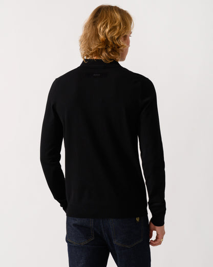 back of model wearing a HUGO San Pippo Mens Slim-fit knit polo with rear logo in Black 001