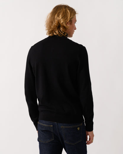back of a model wearing a HUGO San Quintus-C2 Mens 1/4 Zip Funnel Neck Jumper in Black 001