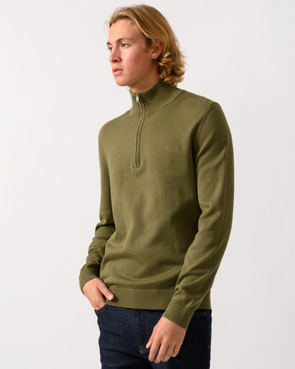 model wearing a HUGO San Quintus-C2 Mens 1/4 Zip Funnel Neck Jumper - Open Green 389