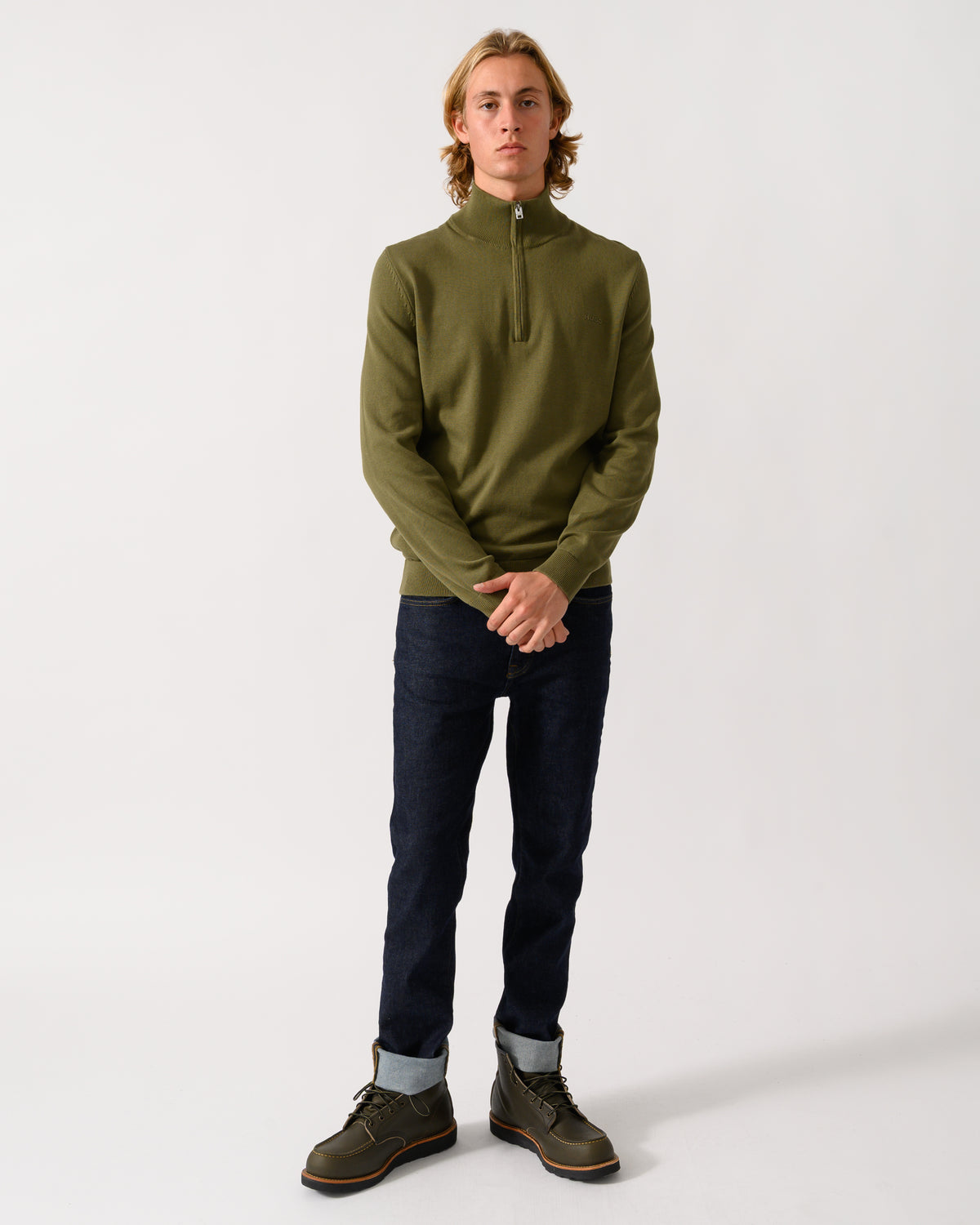 full length of a model wearing a HUGO San Quintus-C2 Mens 1/4 Zip Funnel Neck Jumper - Open Green 389