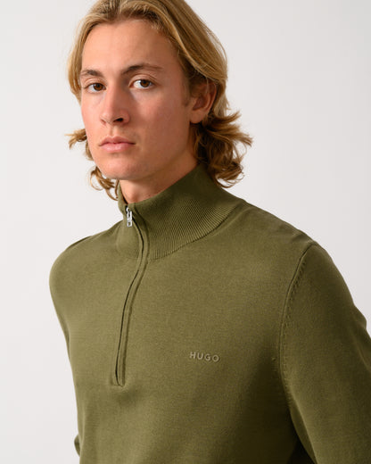 colose up of a model wearing a HUGO San Quintus-C2 Mens 1/4 Zip Funnel Neck Jumper - Open Green 389