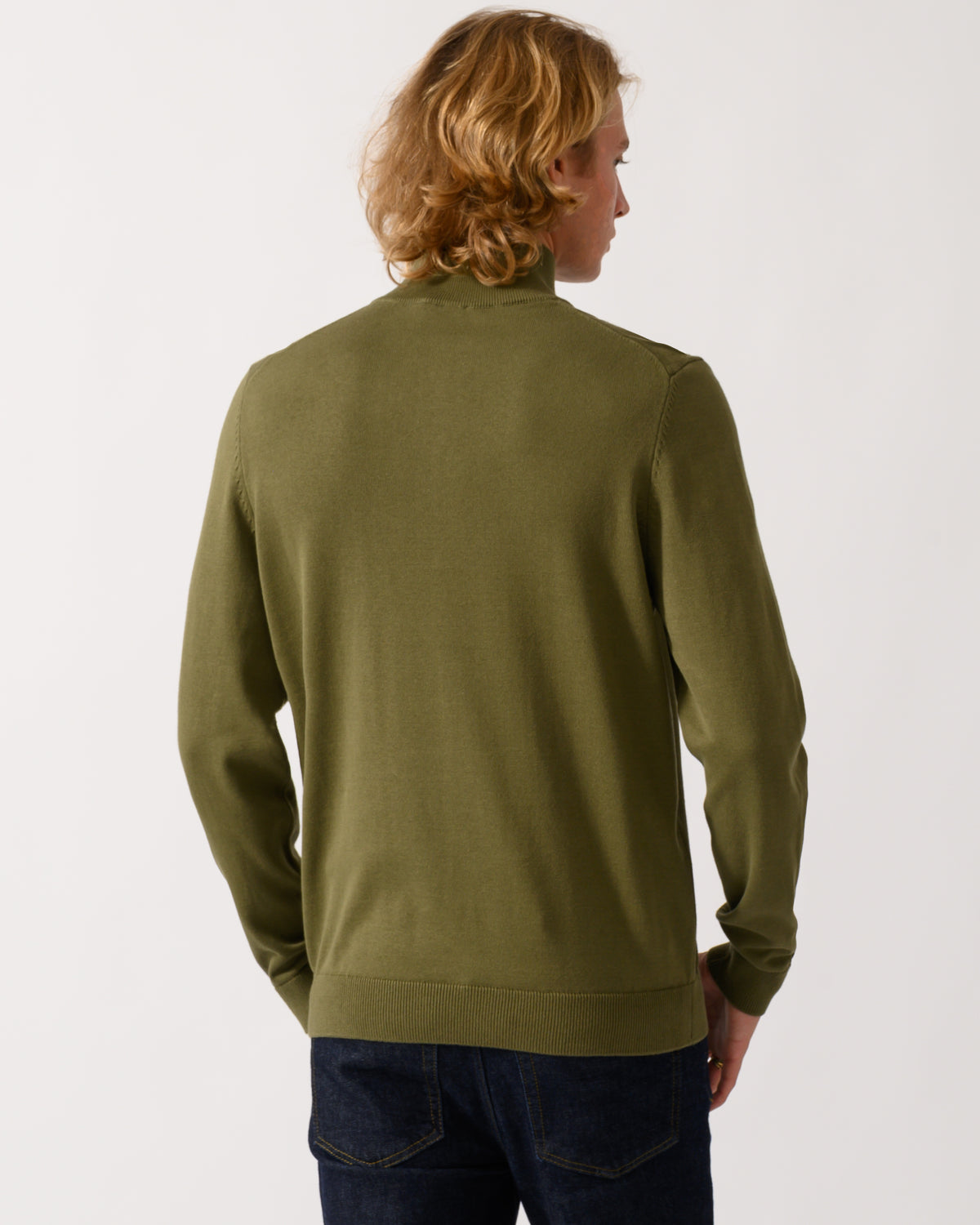 back of a model wearing a HUGO San Quintus-C2 Mens 1/4 Zip Funnel Neck Jumper - Open Green 389