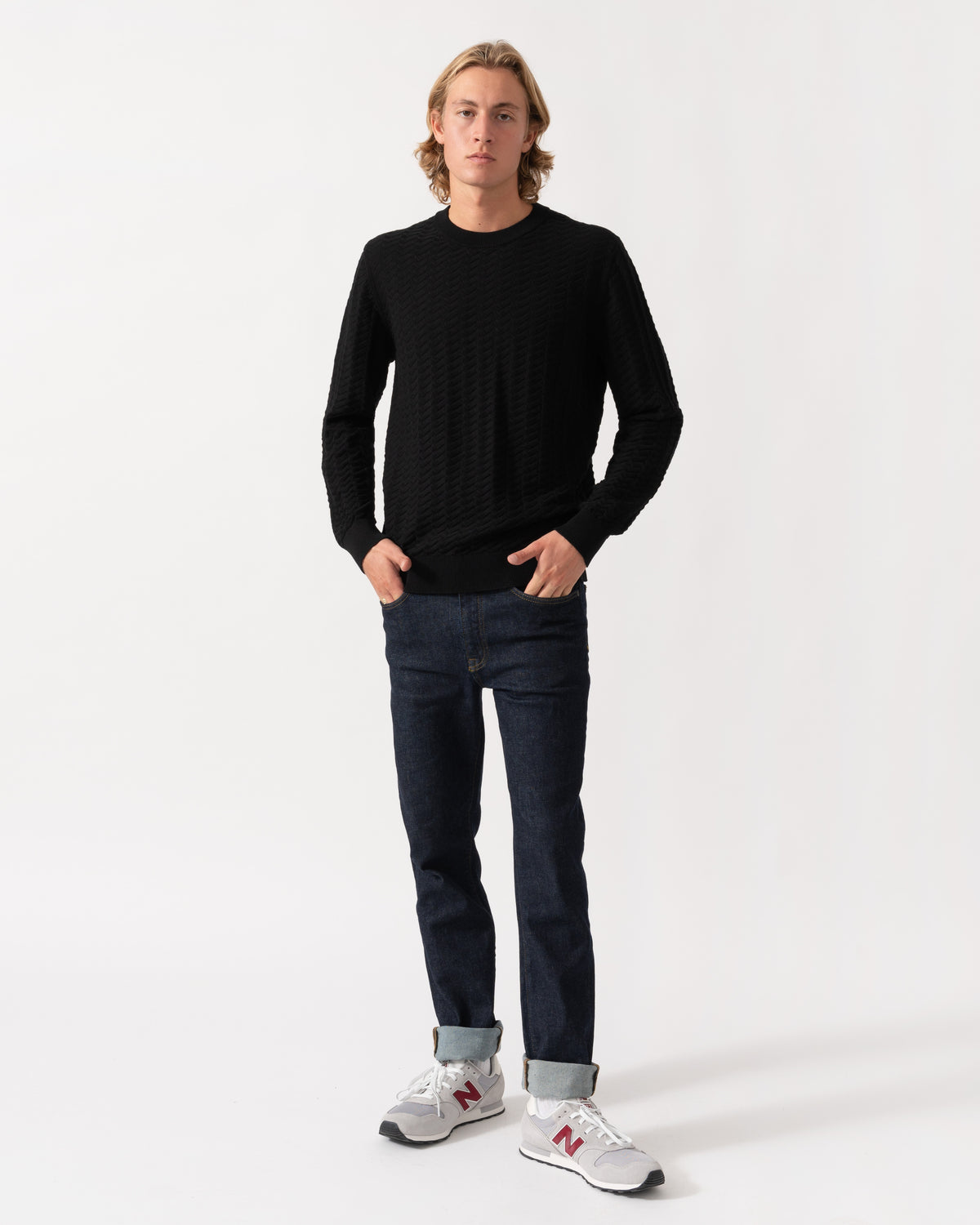 Model wearing the HUGO Simond Mens Crew Neck Jumper - Black 001