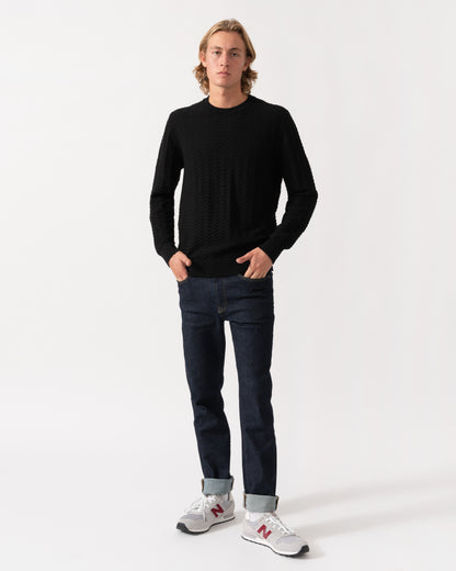 Model wearing the HUGO Simond Mens Crew Neck Jumper - Black 001