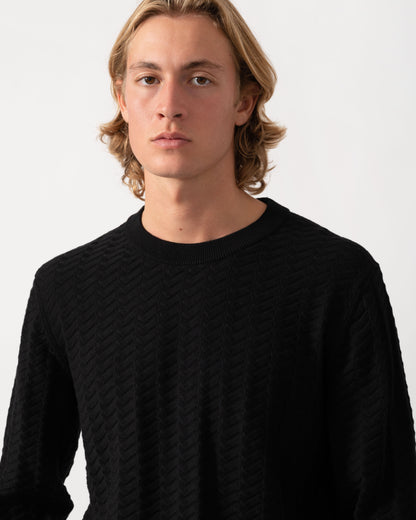 Close up of the HUGO Simond Mens Crew Neck Jumper - Black 001