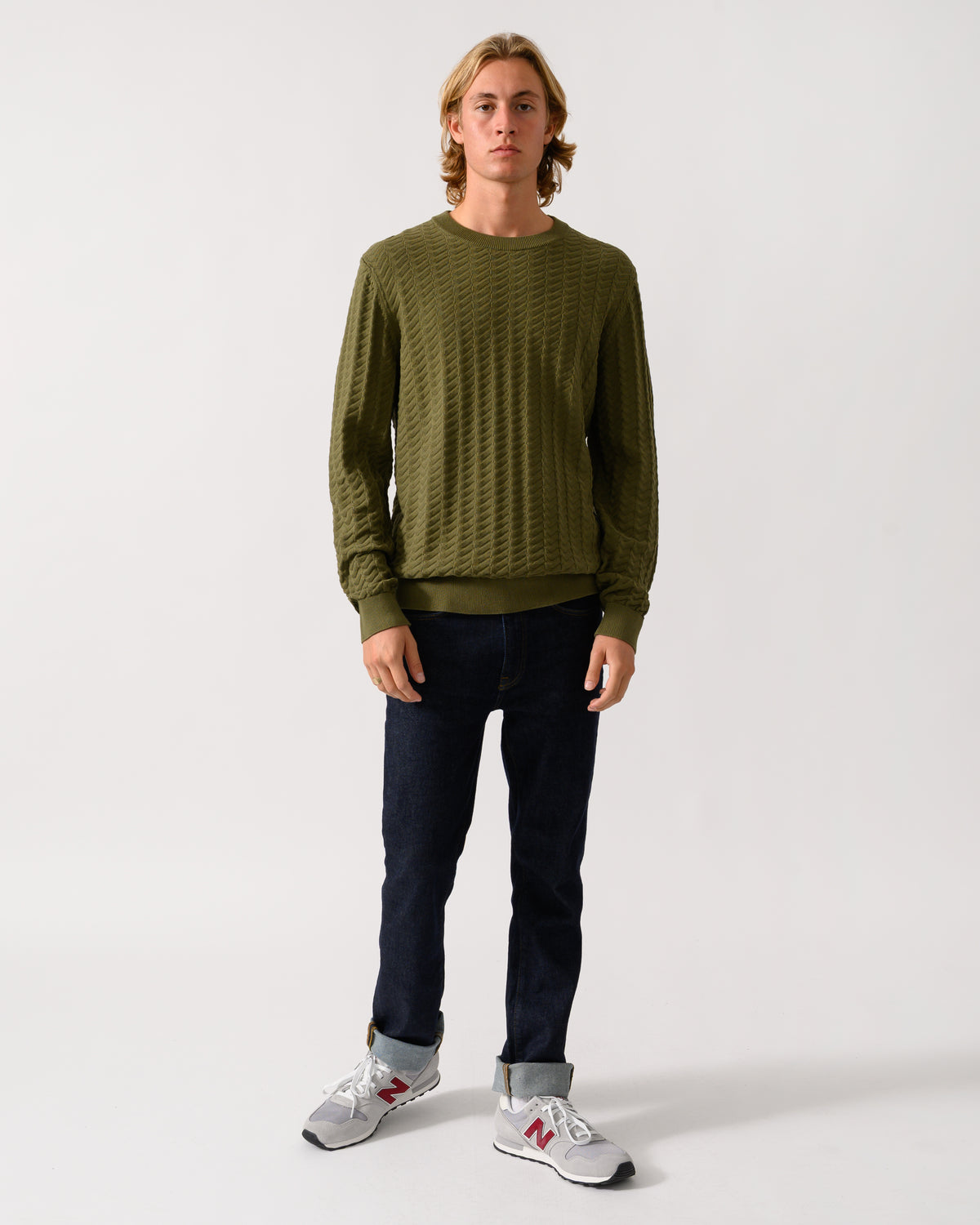 full length of a model wearing a HUGO Simond Mens Crew Neck Jumper in Open Green 389