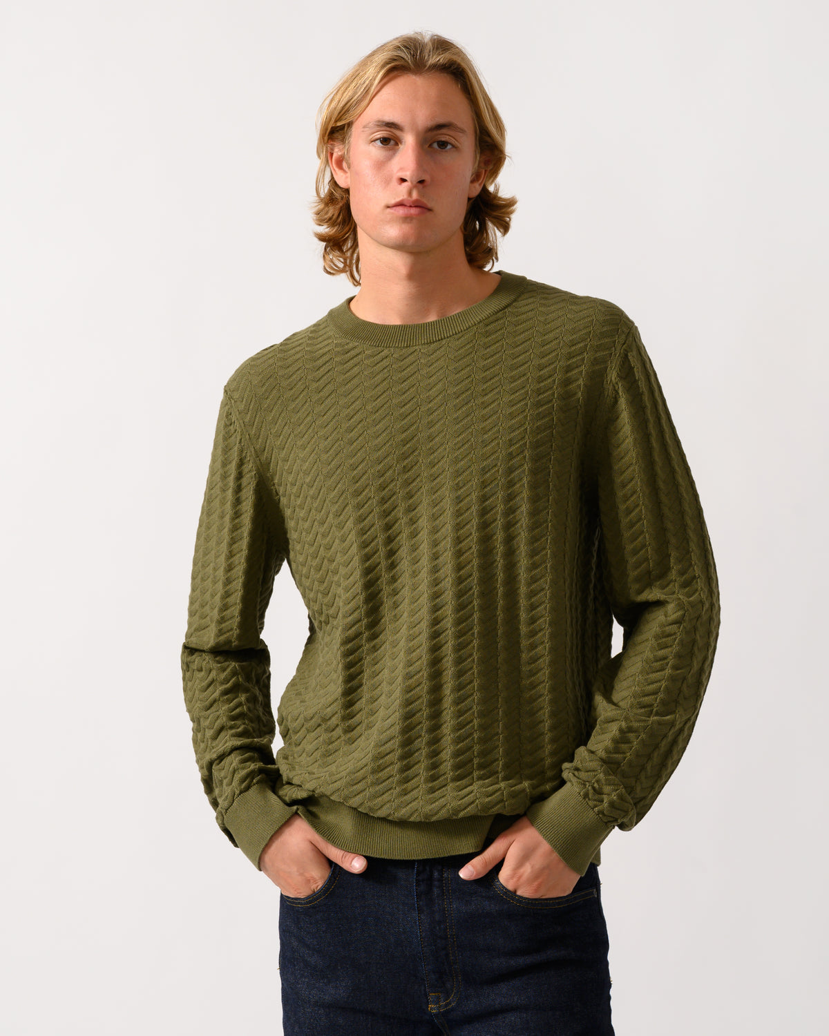 model wearing a HUGO Simond Mens Crew Neck Jumper in Open Green 389