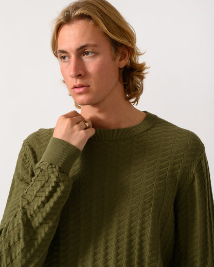close up of a model wearing a HUGO Simond Mens Crew Neck Jumper in Open Green 389
