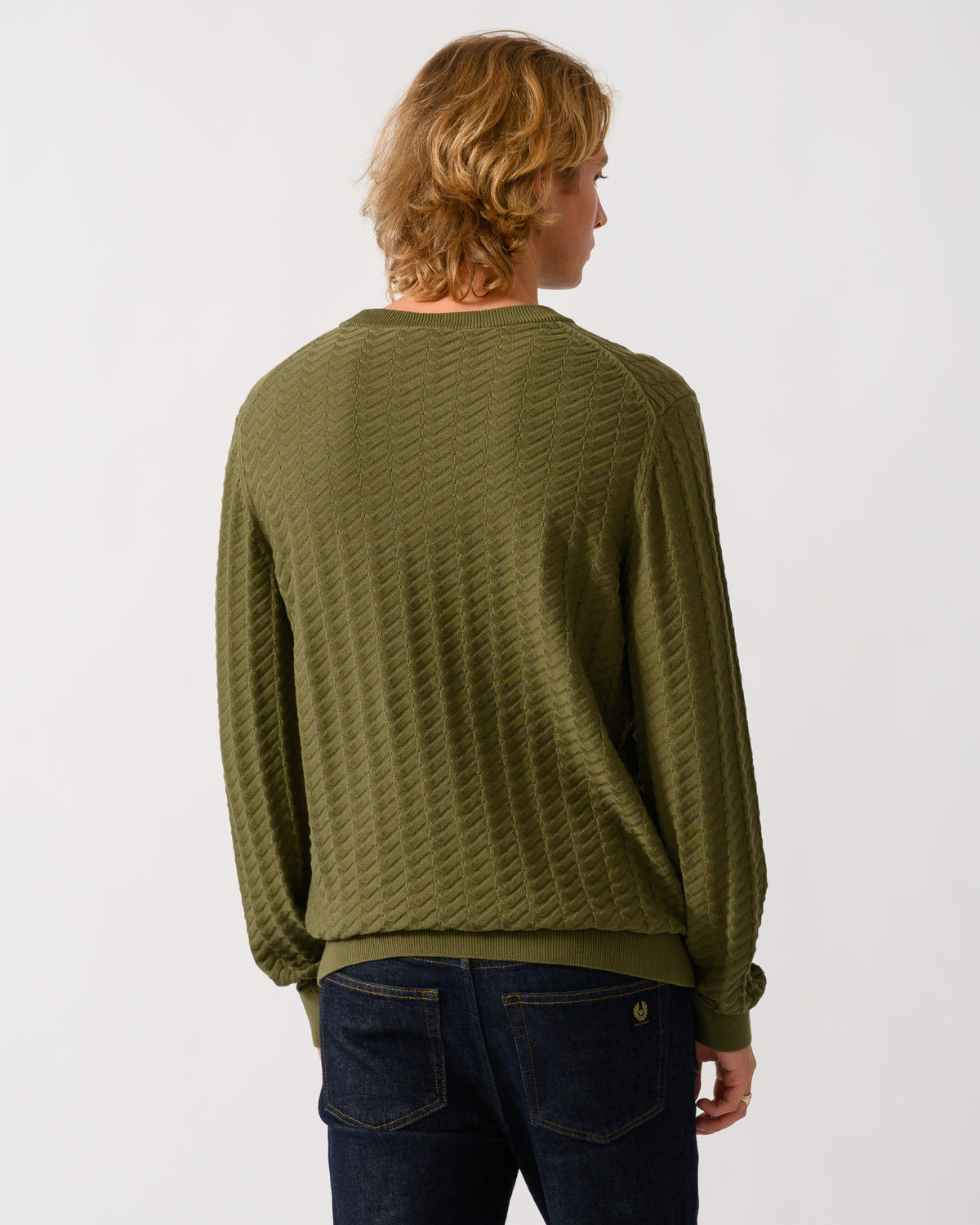 back of a model wearing a HUGO Simond Mens Crew Neck Jumper in Open Green 389