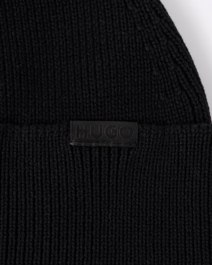 logo detail of a HUGO Xential Mens Beanie in Black 001