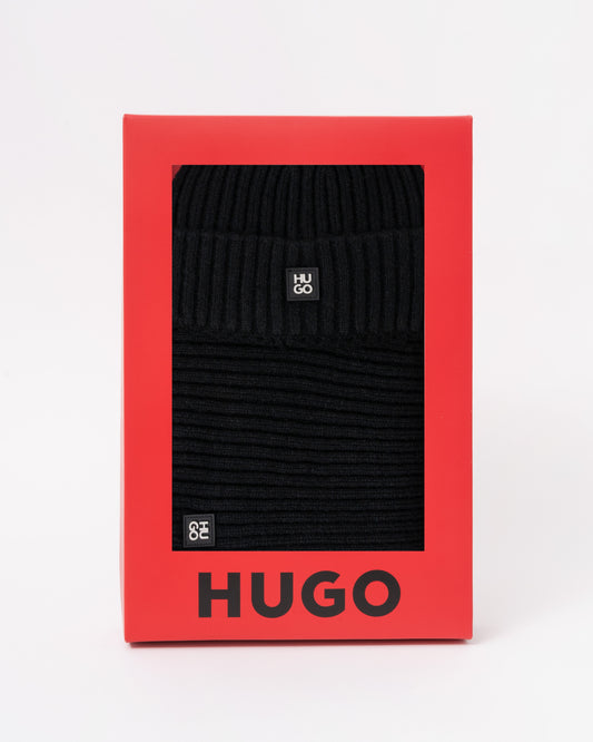 Box of the HUGO Zasgo Mens Beanie and Scarf Gift Set  - Black 001