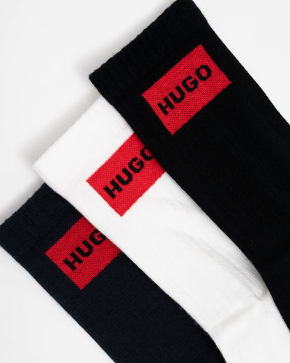 HUGO 3-Pack Quarter Length Combed Cotton Ribbed Socks close up of 3