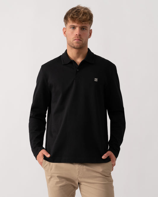 Model wearing HUGO Dinote Mens Long Sleeve Polo Shirt in Black 001 - Main