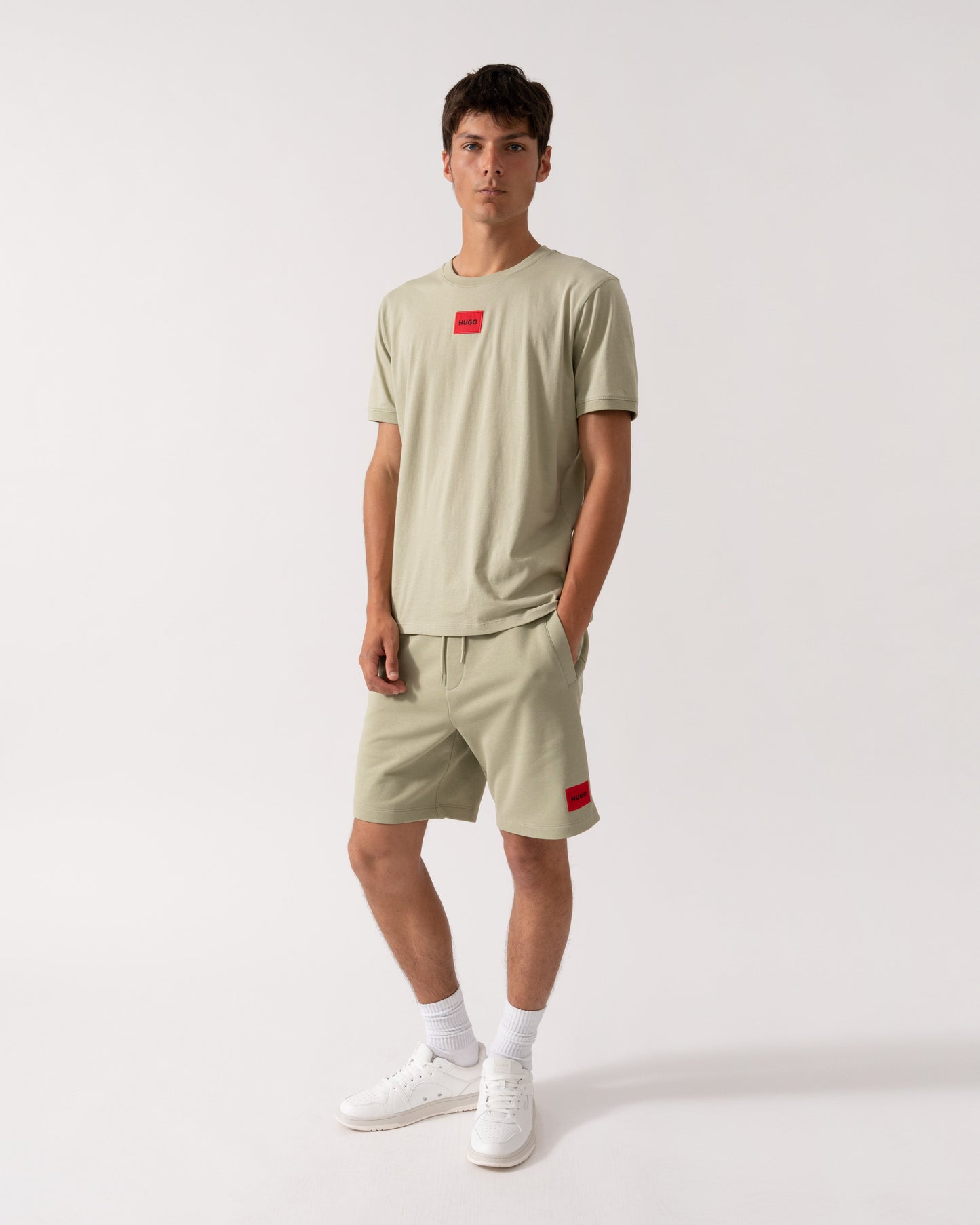 HUGO Diz222 Mens Cotton Terry Shorts with Logo Label - Open Green 391