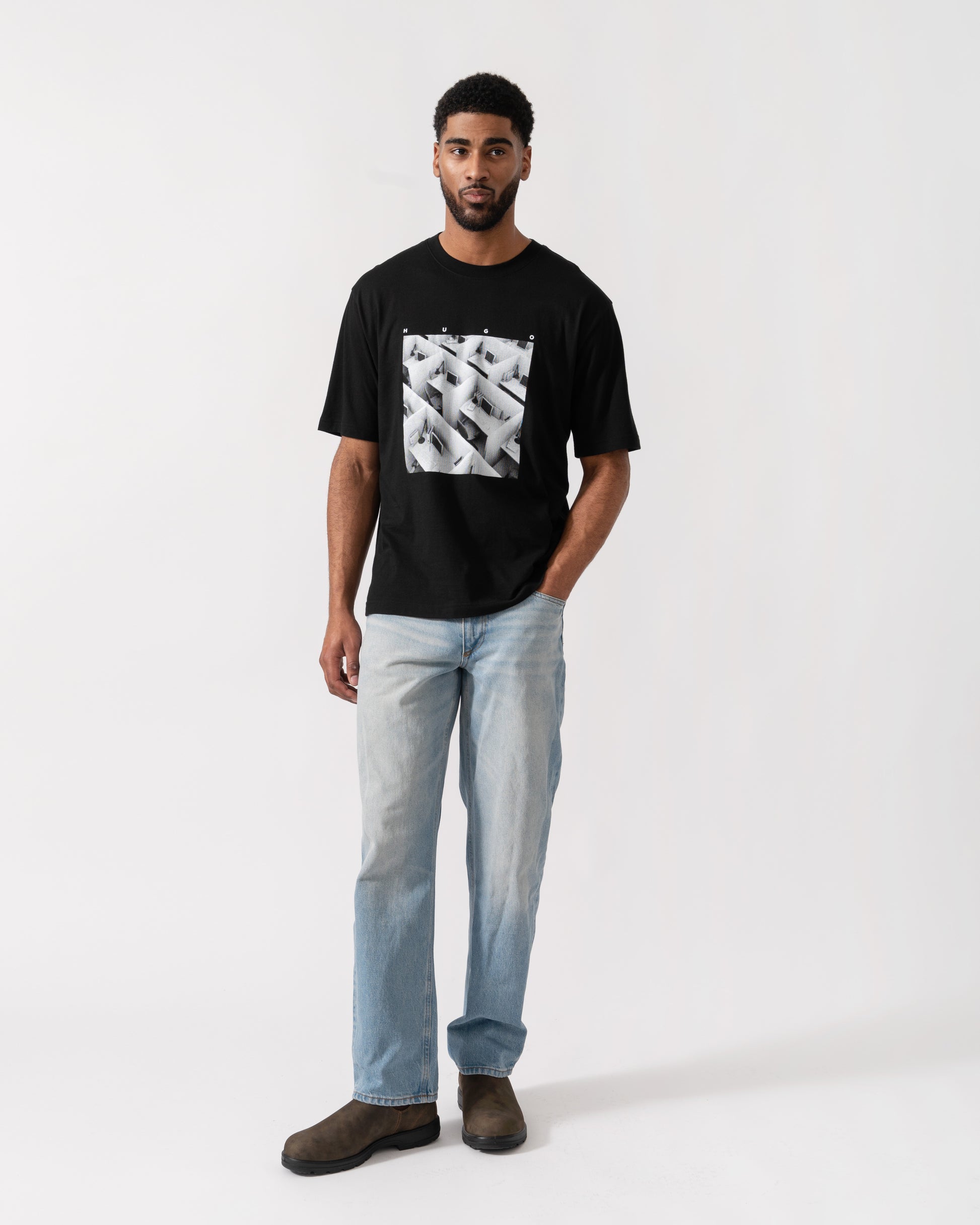 Model wearing HUGO Dodger Graphic T-Shirt in Black 001 -Full Length