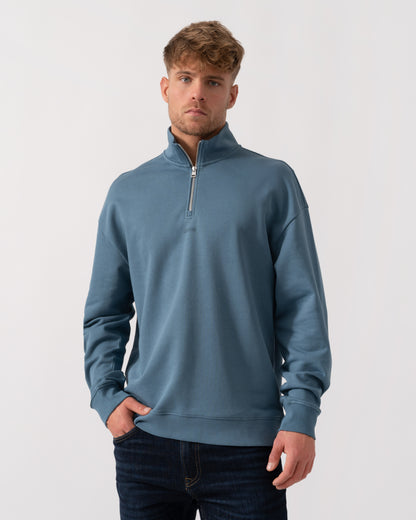 Model wearing HUGO Durty244 Mens 1/4 Zip Sweatshirt in Open Blue 496 - Main