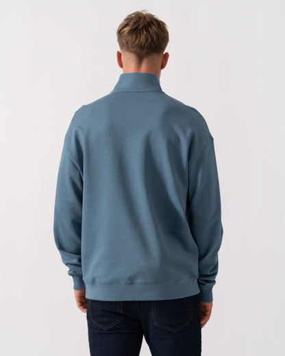 Model wearing HUGO Durty244 Mens 1/4 Zip Sweatshirt in Open Blue 496 - Back