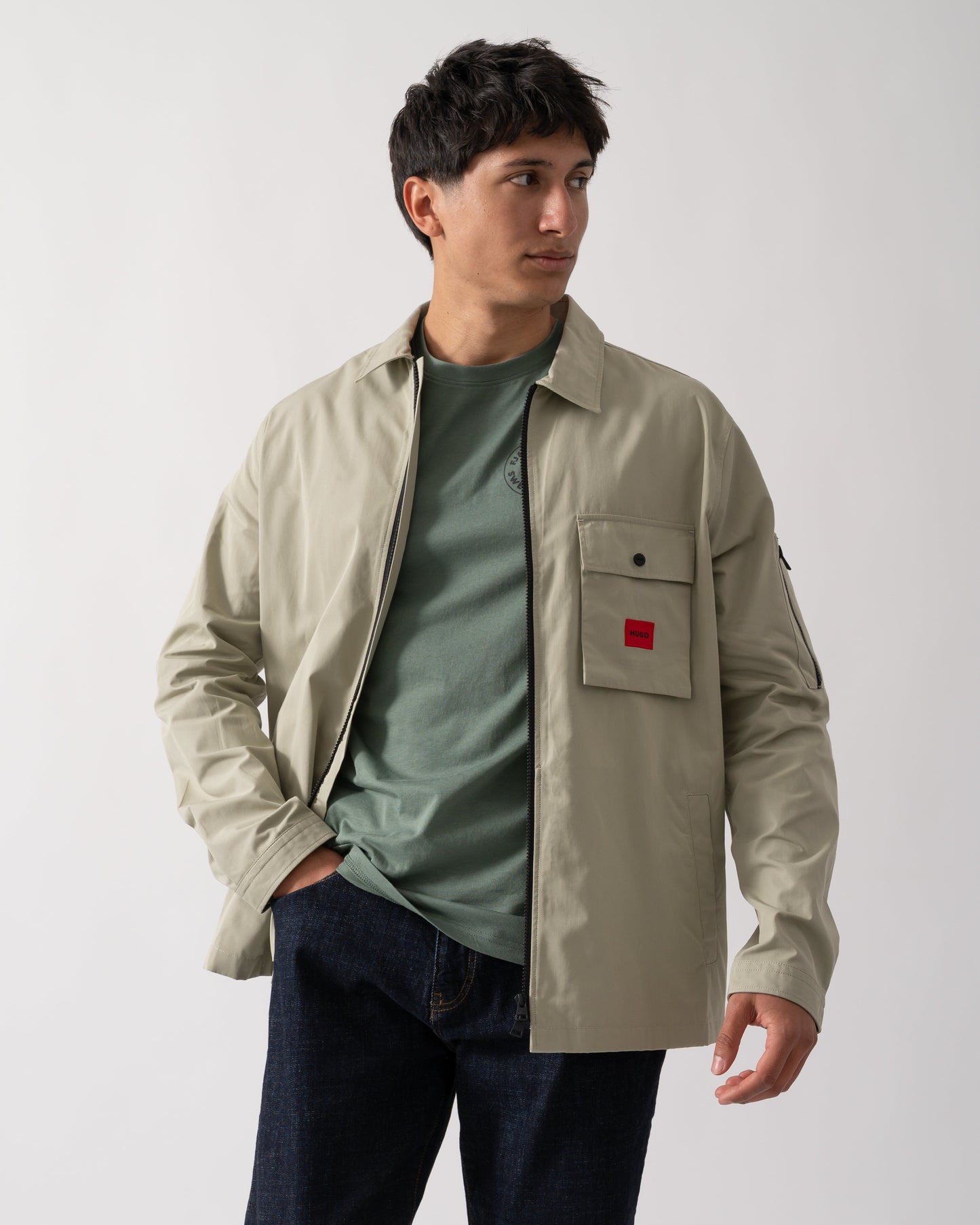HUGO Emmond Mens Zip Overshirt - Open Green 391