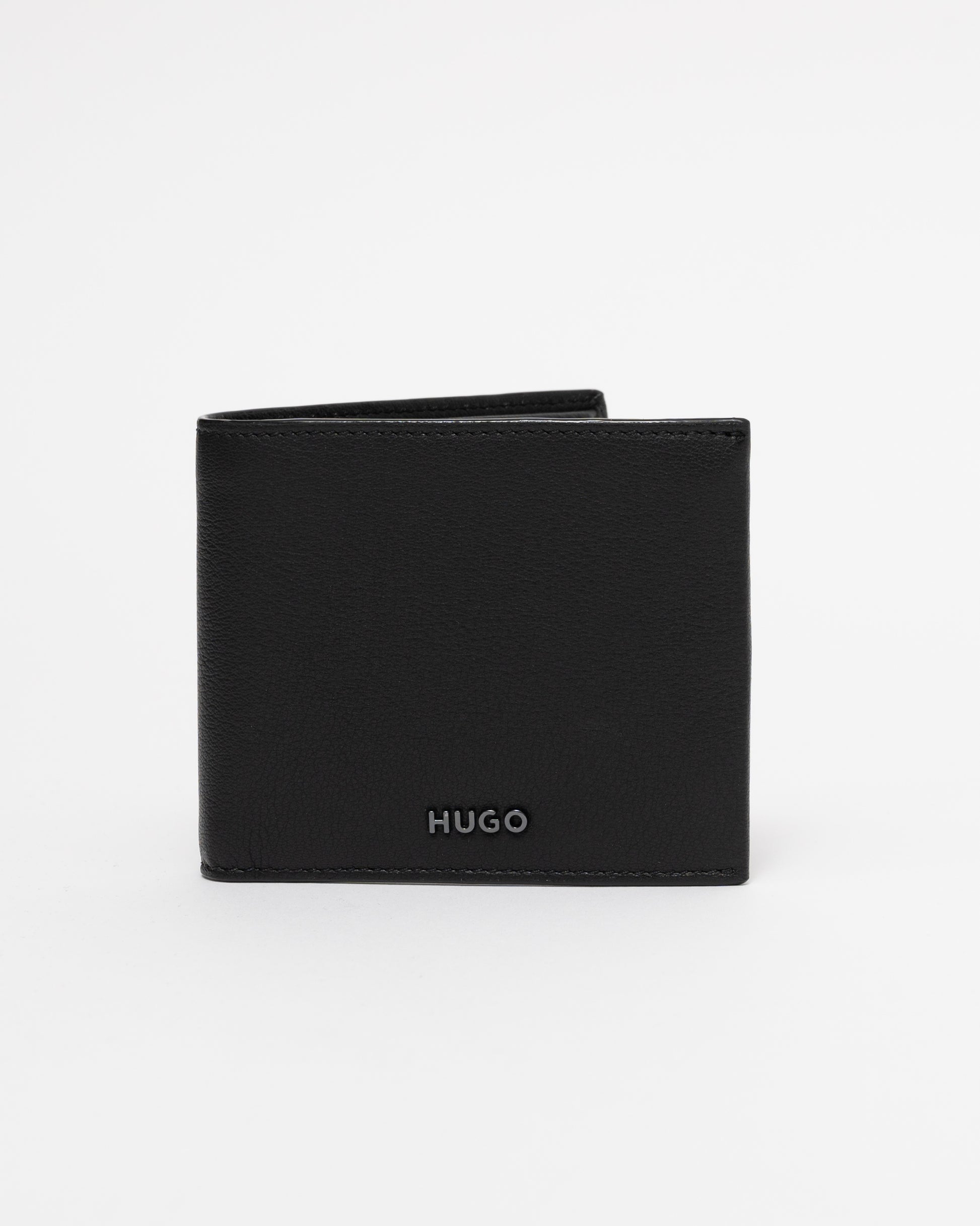 Black wallet with 'HUGO' branding on a white background