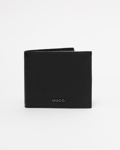 Black wallet with 'HUGO' branding on a white background