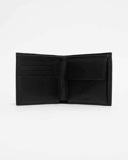 Black leather wallet open on a white background