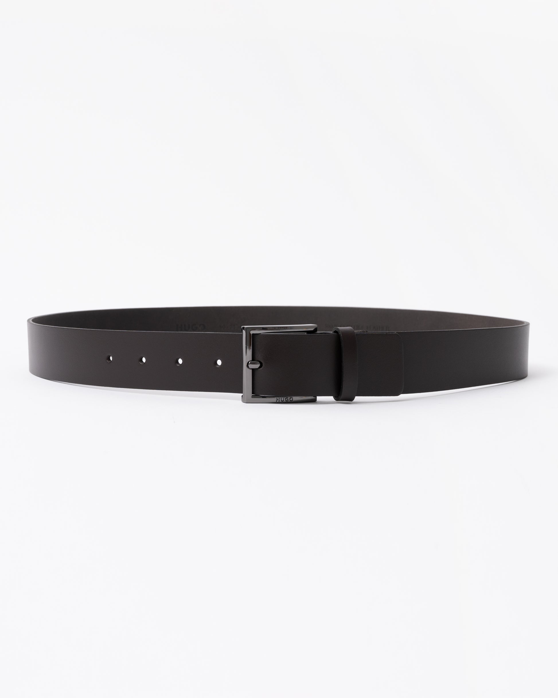 HUGO Mens Geek Smooth Leather Belt with Brushed Silver Buckle front view