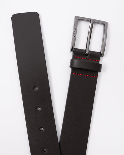 HUGO Mens Geek Smooth Leather Belt with Brushed Silver Buckle close up