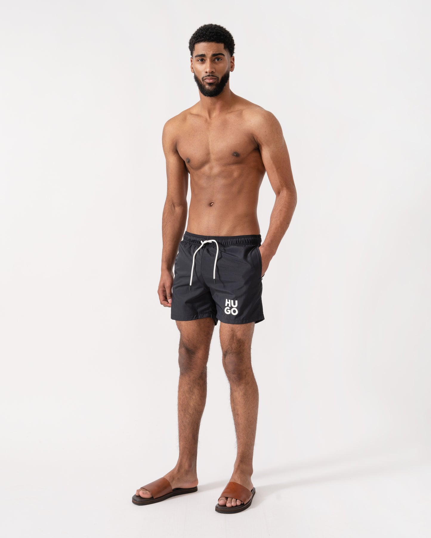 HUGO Mens Paolo Swim Shorts with Stacked Logo Print full length