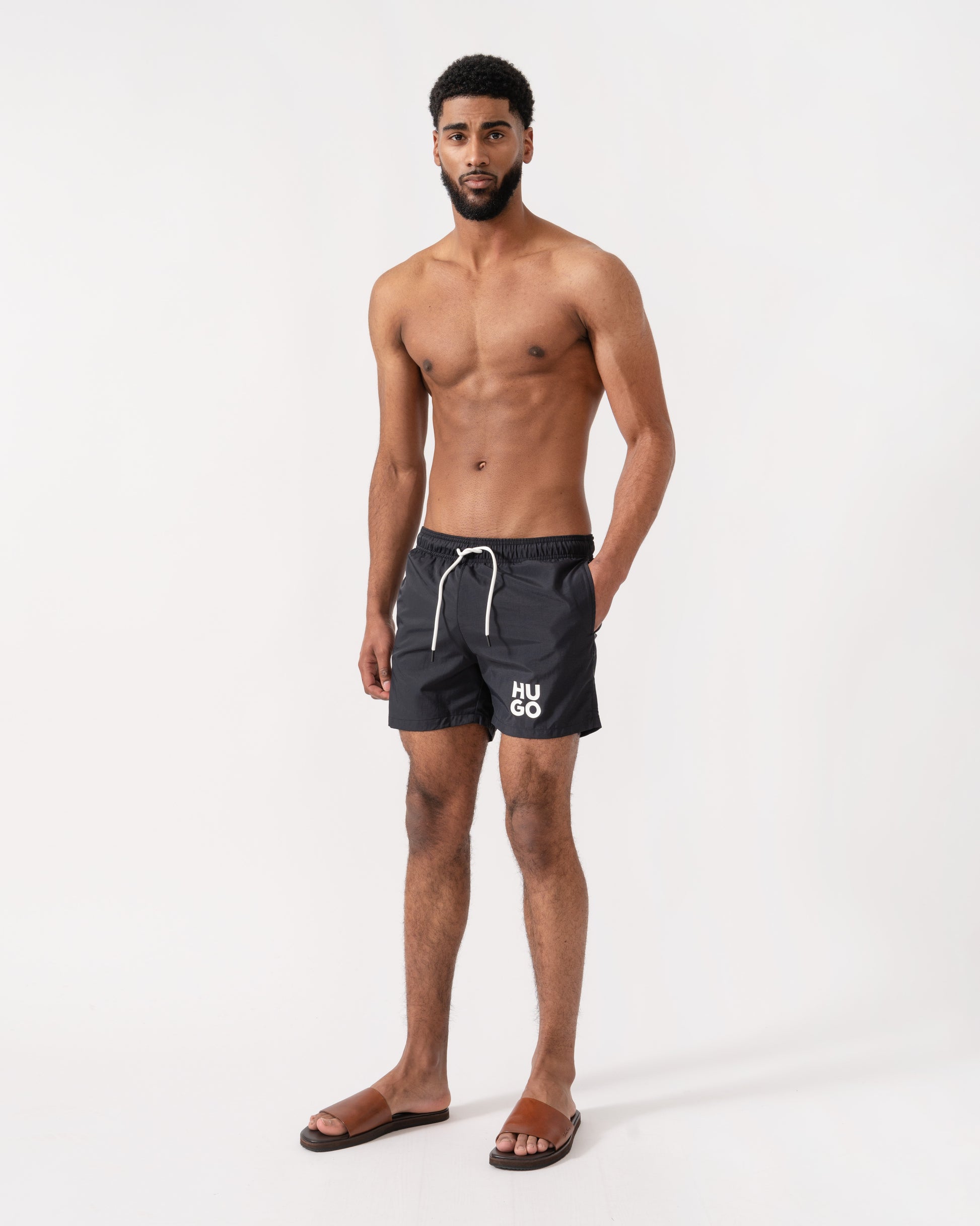 HUGO Mens Paolo Swim Shorts with Stacked Logo Print full length
