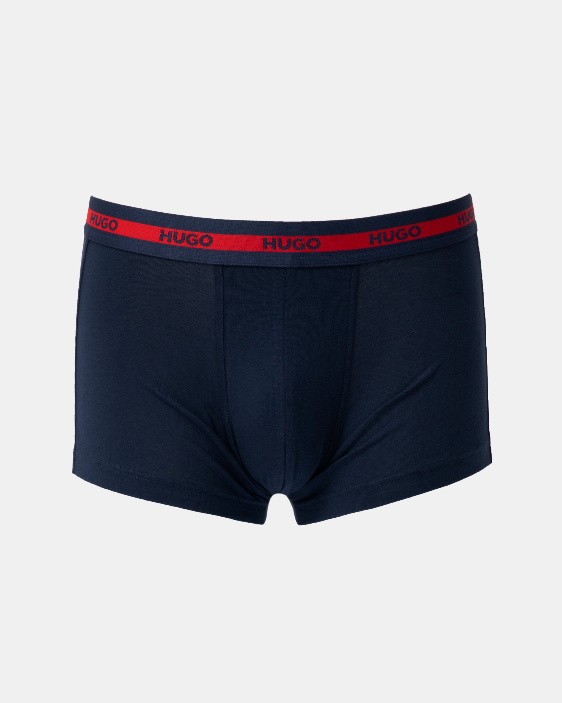 Navy blue boxer briefs with red waistband on a light gray background