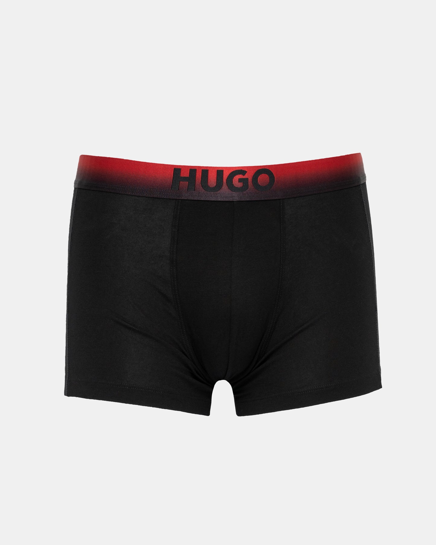 Black boxer briefs with red waistband featuring 'HUGO' brand on a light gray background