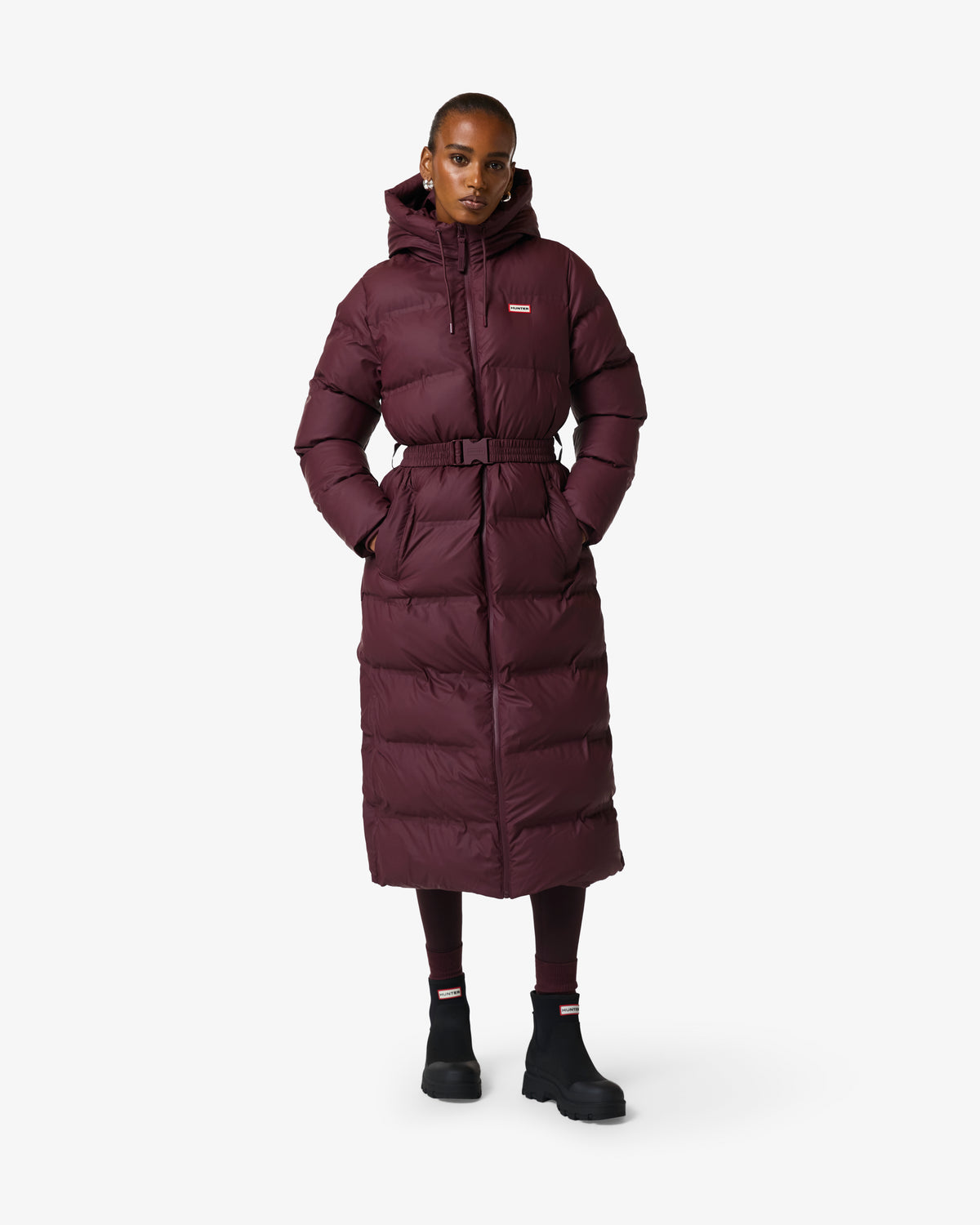 Hunter Hutchison Womens PU Coated Long Puffer Jacket in Port Royale, full length front