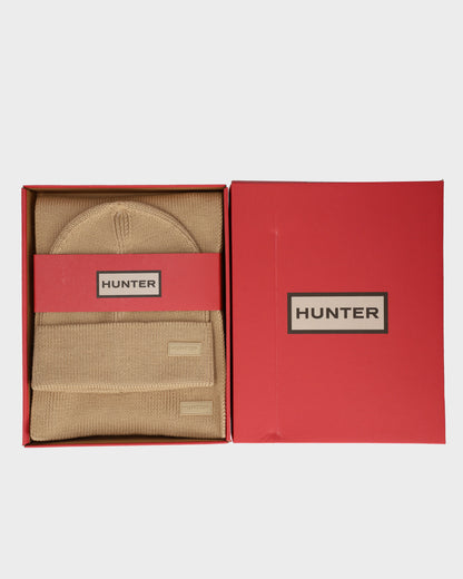 Hunter Unisex Arla Ribbed Cuff Beanie & Scarf Box Set - Warm Sand