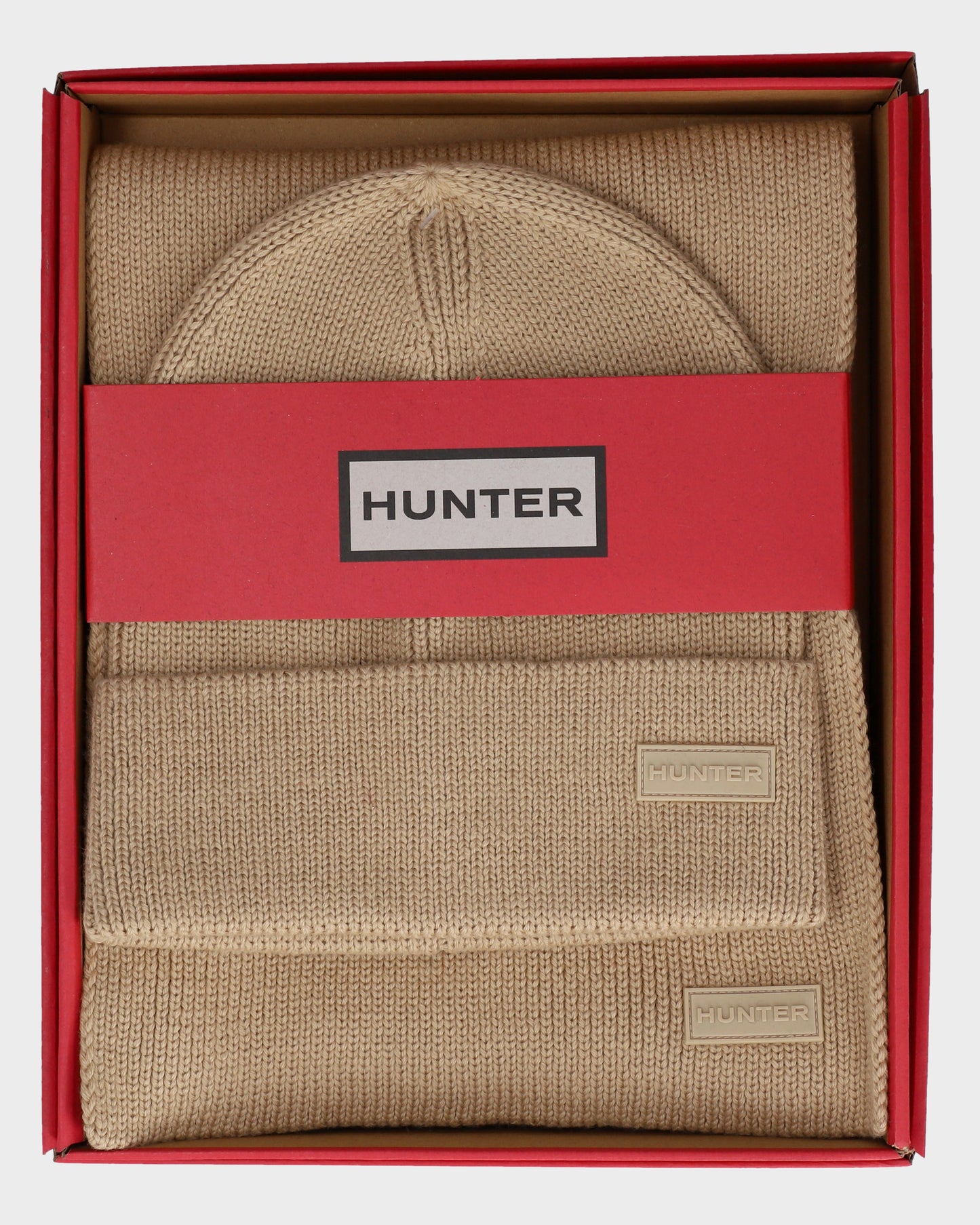 Hunter Unisex Arla Ribbed Cuff Beanie & Scarf Box Set - Warm Sand