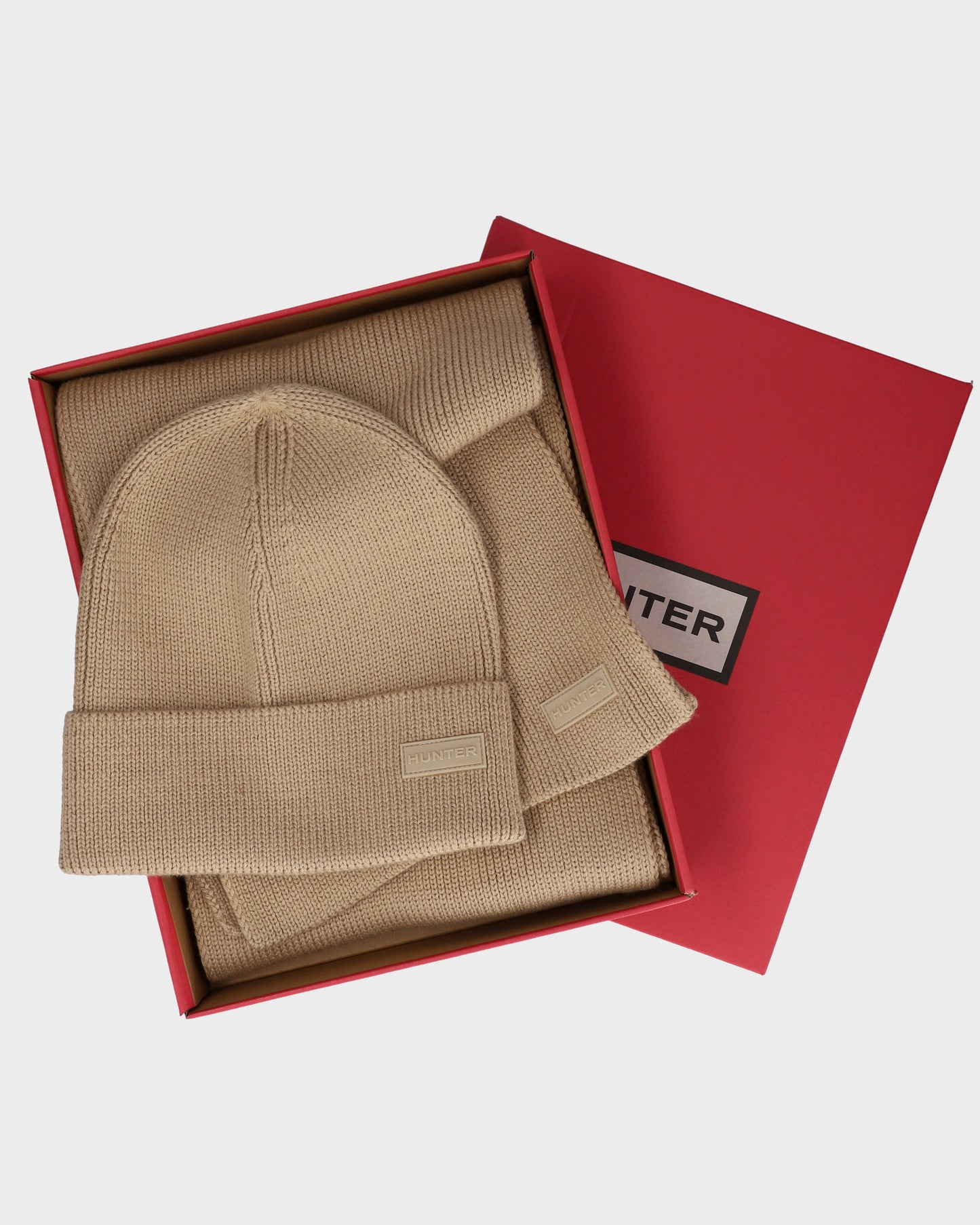 Hunter Unisex Arla Ribbed Cuff Beanie & Scarf Box Set - Warm Sand